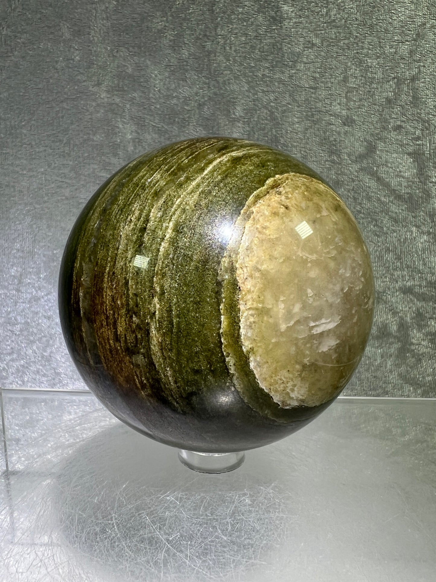 Vesuvianite Crystal Sphere. 71mm. High Quality Idocrase Display Sphere. Incredible Banding And Patterns.