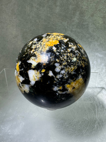 Yellow Tourmaline And Black Mica Sphere. 62mm. Rare New Discovery. Stunning And Flashy Display Sphere.
