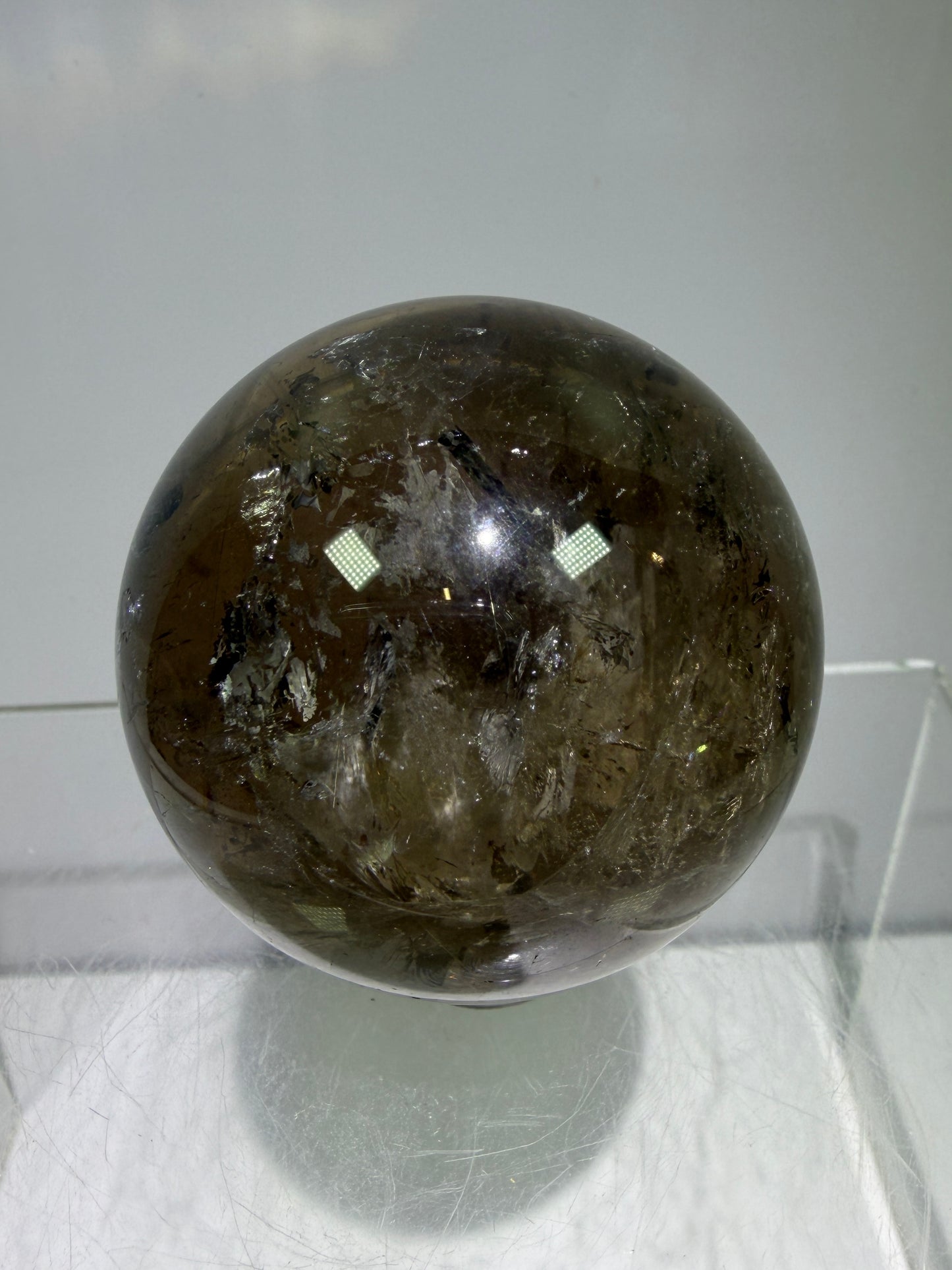 Rutile Quartz Sphere. 47mm. Unique Smoky Quartz With Stunning Golden Rutile Inclusions.