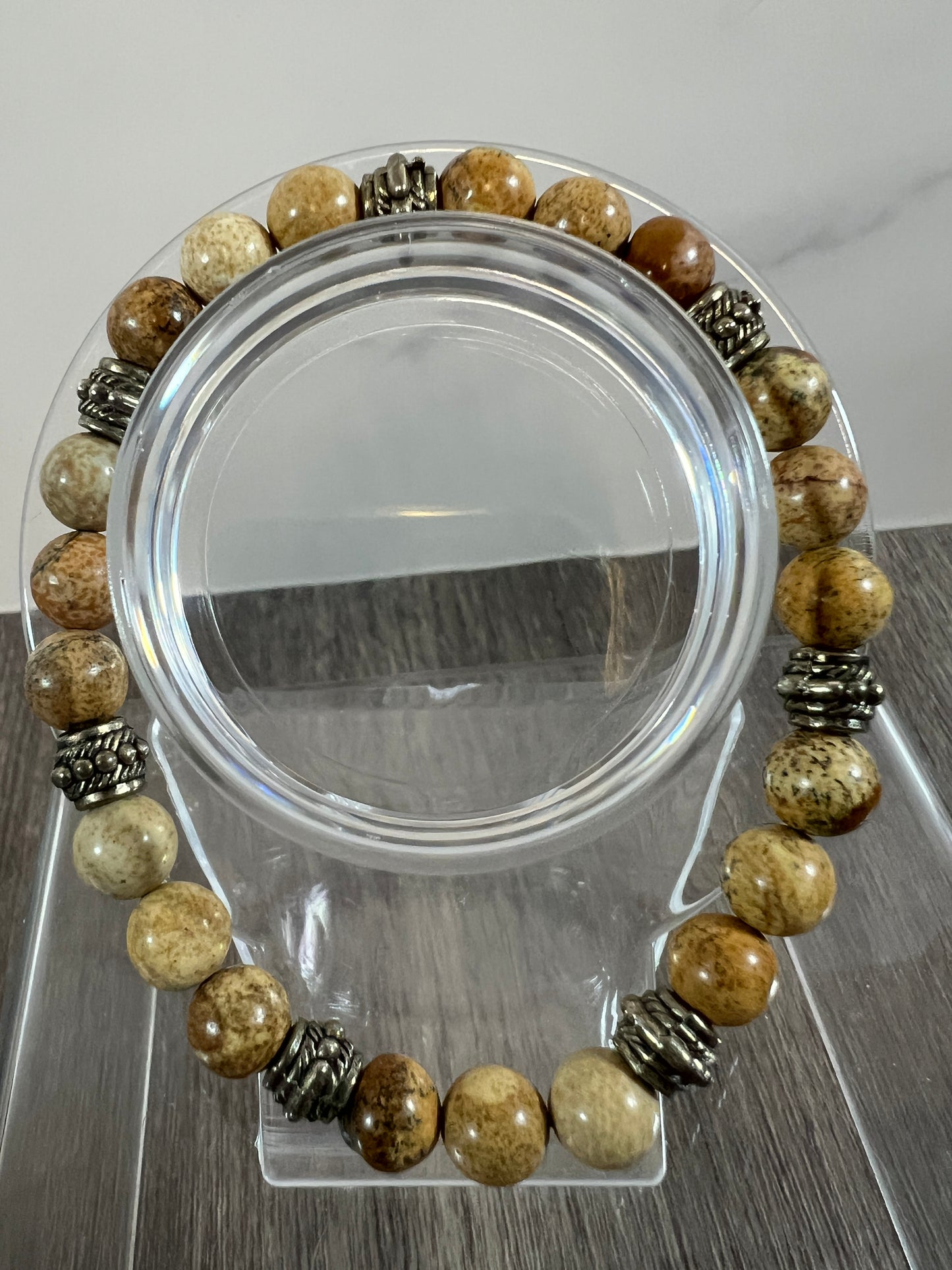 Petrified Wood Crystal Bead Bracelet. 8mm. Unique Crystal Bracelet With Cool Spacers.