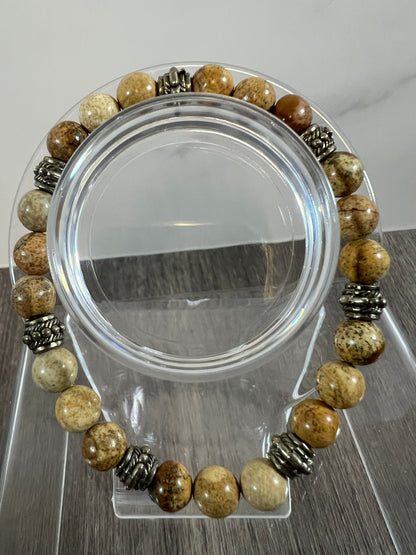 Petrified Wood Crystal Bead Bracelet. 8mm. Unique Crystal Bracelet With Cool Spacers.