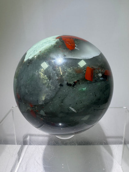 African Bloodstone Sphere From Swaziland. 66mm. Gorgeous Pyrite And Red Jasper Inclusions With Crazy Mosaic Patterns And Colors.