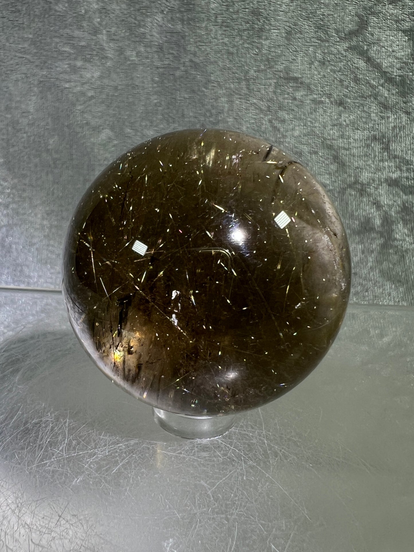 Rutile Quartz Sphere. Gorgeous Smoky Quartz With Stunning Golden Rutile Inclusions. High Quality Display Sphere.