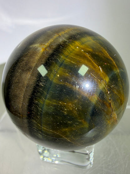 Blue Tigers Eye Sphere. 49mm. Rare Blue And Gold Hawks Eye Crystal. Beautiful Colors And Flash