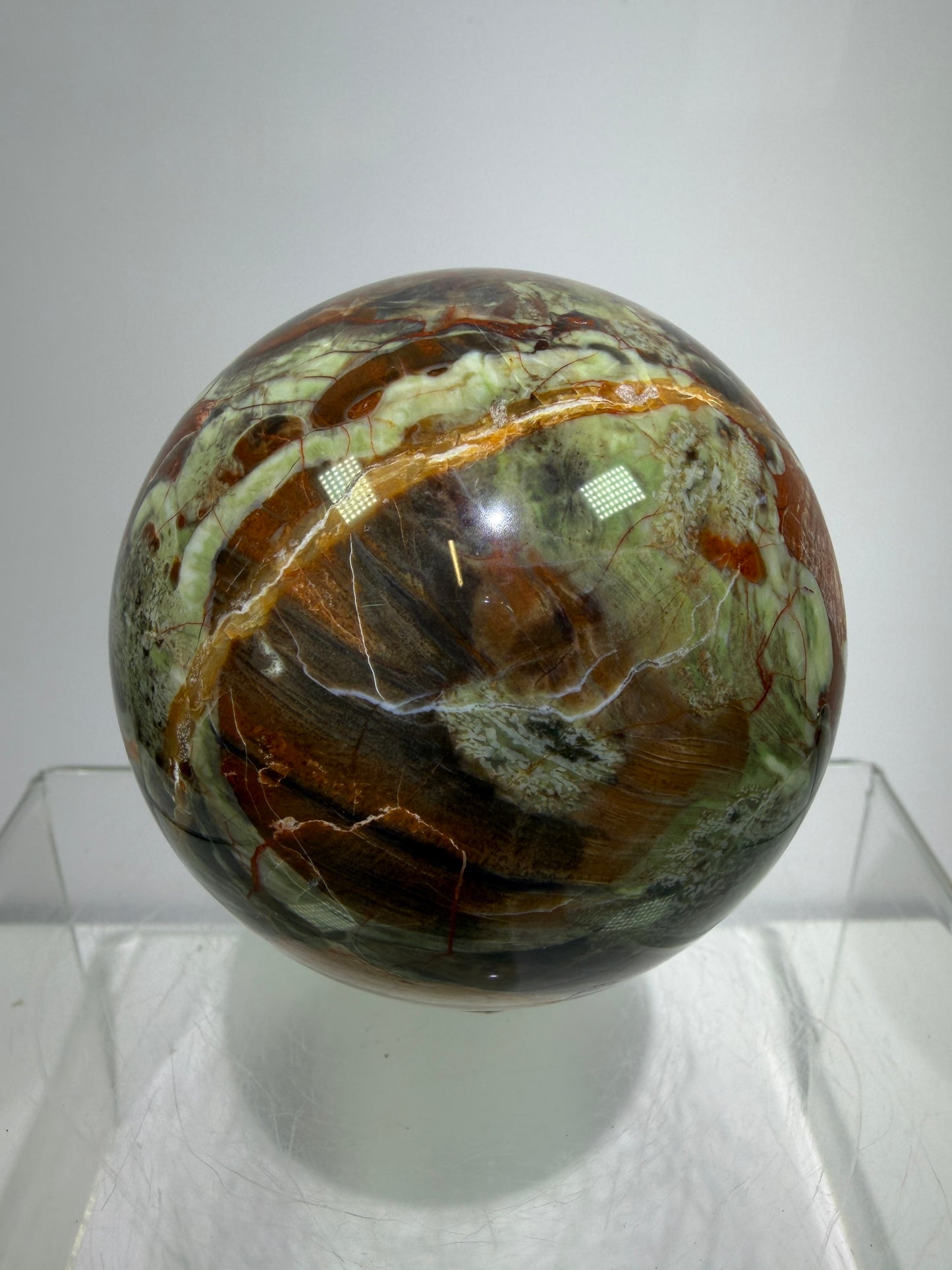 Money Agate Crystal Sphere. 65mm. Very Rare Shades Of Green. Stunning Indonesian Bloodstone. Amazing Colors And Patterns