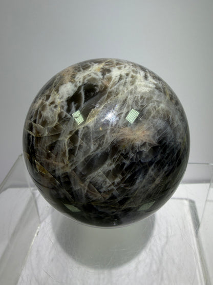 Black Moonstone Crystal Sphere. 66mm. Stunning Bright Silver Flash. High Quality Display Sphere