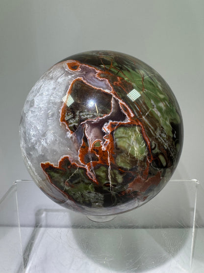 Money Agate Crystal Sphere. 72mm. Very Rare Shades Of Green. Stunning Indonesian Bloodstone. Amazing Colors And Patterns