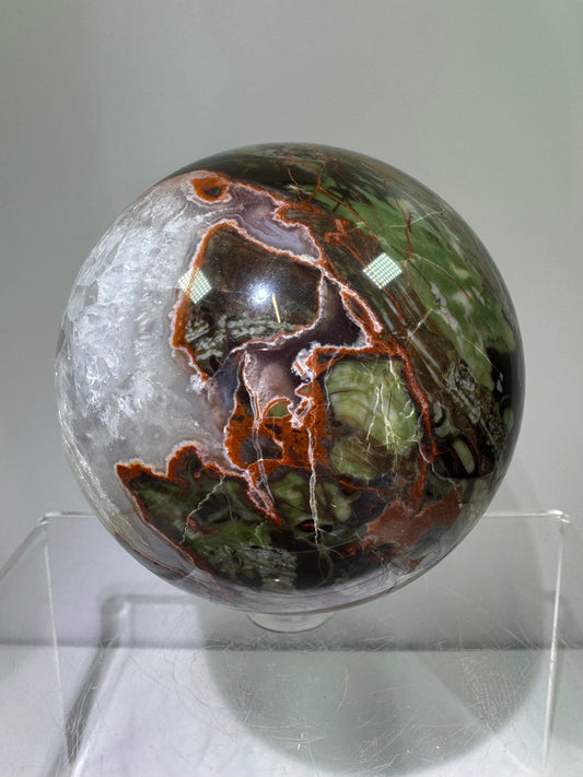 Money Agate Crystal Sphere. 72mm. Very Rare Shades Of Green. Stunning Indonesian Bloodstone. Amazing Colors And Patterns