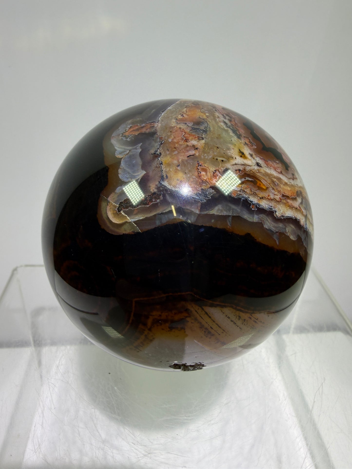 Silk Agate Sphere. 66mm. Druzy Banded Agate From Madagascar. Stunning Colors And Patterns On This Display Sphere.