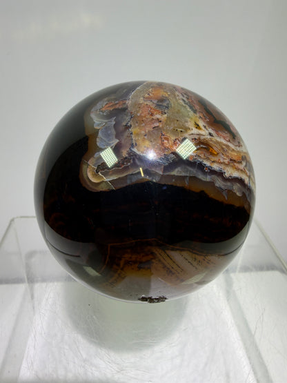 Silk Agate Sphere. 66mm. Druzy Banded Agate From Madagascar. Stunning Colors And Patterns On This Display Sphere.
