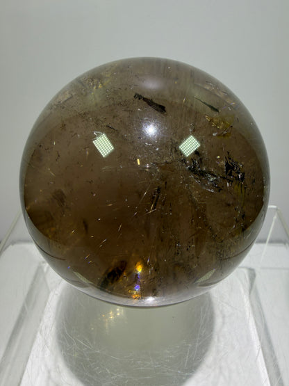Rutile Quartz Sphere. 70mm. Large Smoky Quartz With Rare Golden Rutile Inclusions. Nice Quality Display