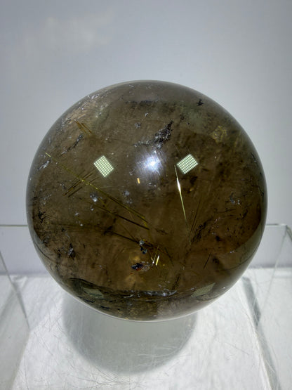 Rutile Quartz Sphere. 58mm. Unique Smoky Quartz With Beautiful Golden Rutile Inclusions.