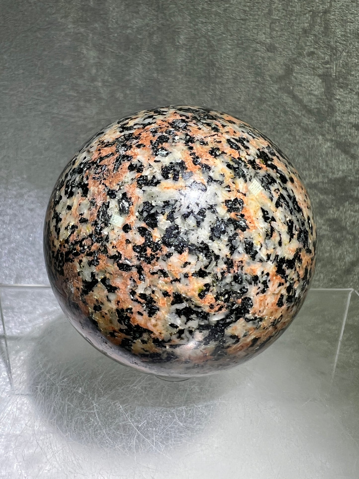 Morning Rose Granite Sphere. 71mm. Gorgeous Orange Granite With Lots Of Mica Flash. Unique Display Crystal From Peru.