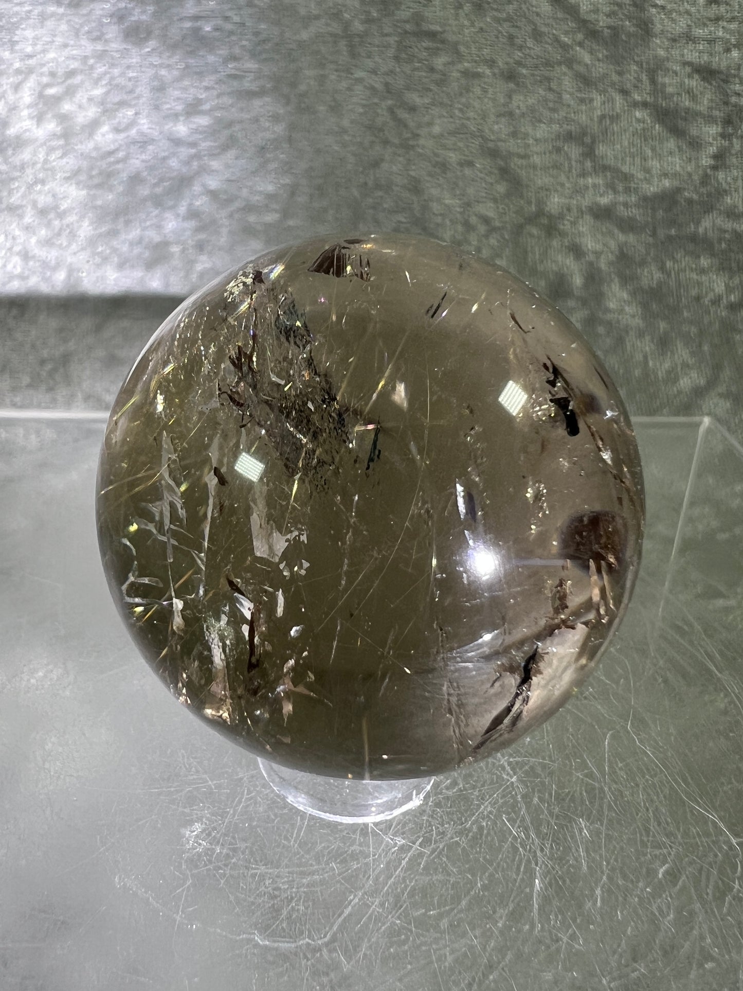 Rutile Quartz Sphere. Amazing Rainbows! Light Smoky Quartz With Stunning Golden Rutile Inclusions.