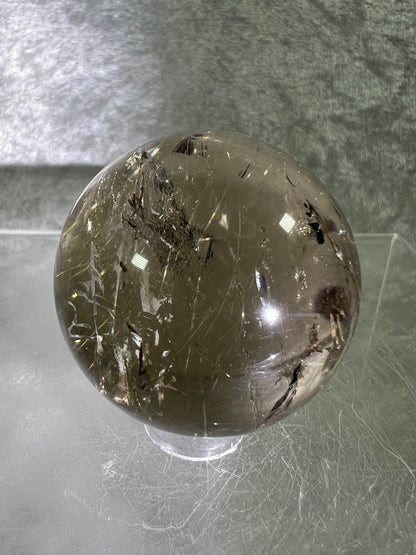 Rutile Quartz Sphere. Amazing Rainbows! Light Smoky Quartz With Stunning Golden Rutile Inclusions.