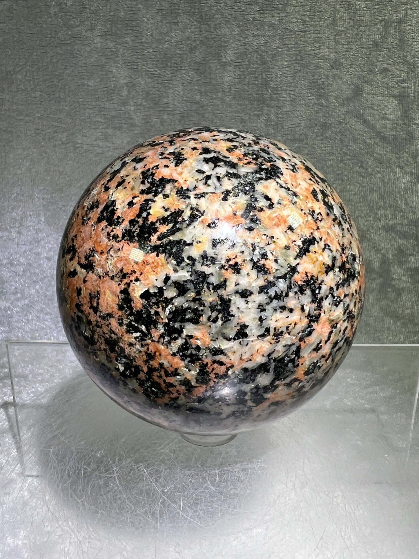 Morning Rose Granite Sphere. 71mm. Gorgeous Orange Granite With Lots Of Mica Flash. Unique Display Crystal From Peru.