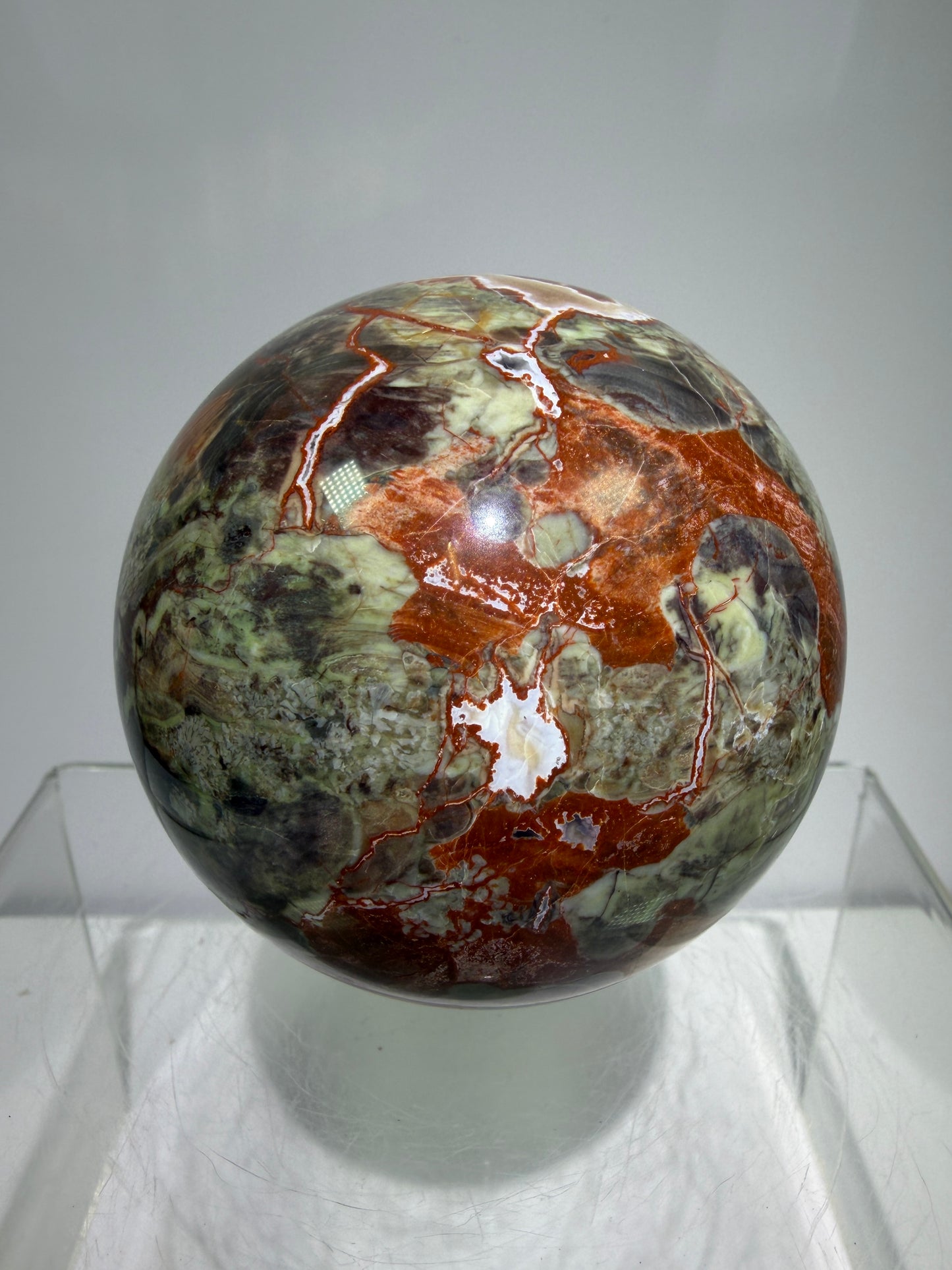 Money Agate Crystal Sphere. 65mm. Very Rare Shades Of Green. Stunning Indonesian Bloodstone. Amazing Colors And Patterns