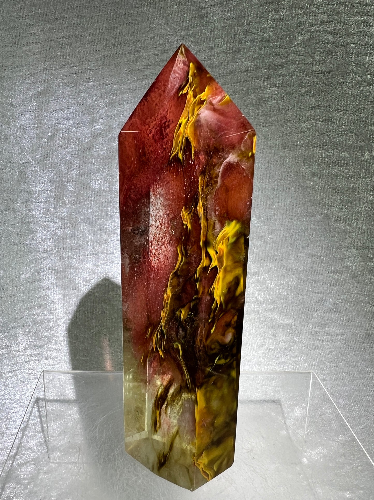 Smelting Quartz Tower. Gorgeous And Large Display Tower. Stunning Colors And Patterns. Incredible Red Tiger Skin Patterns.