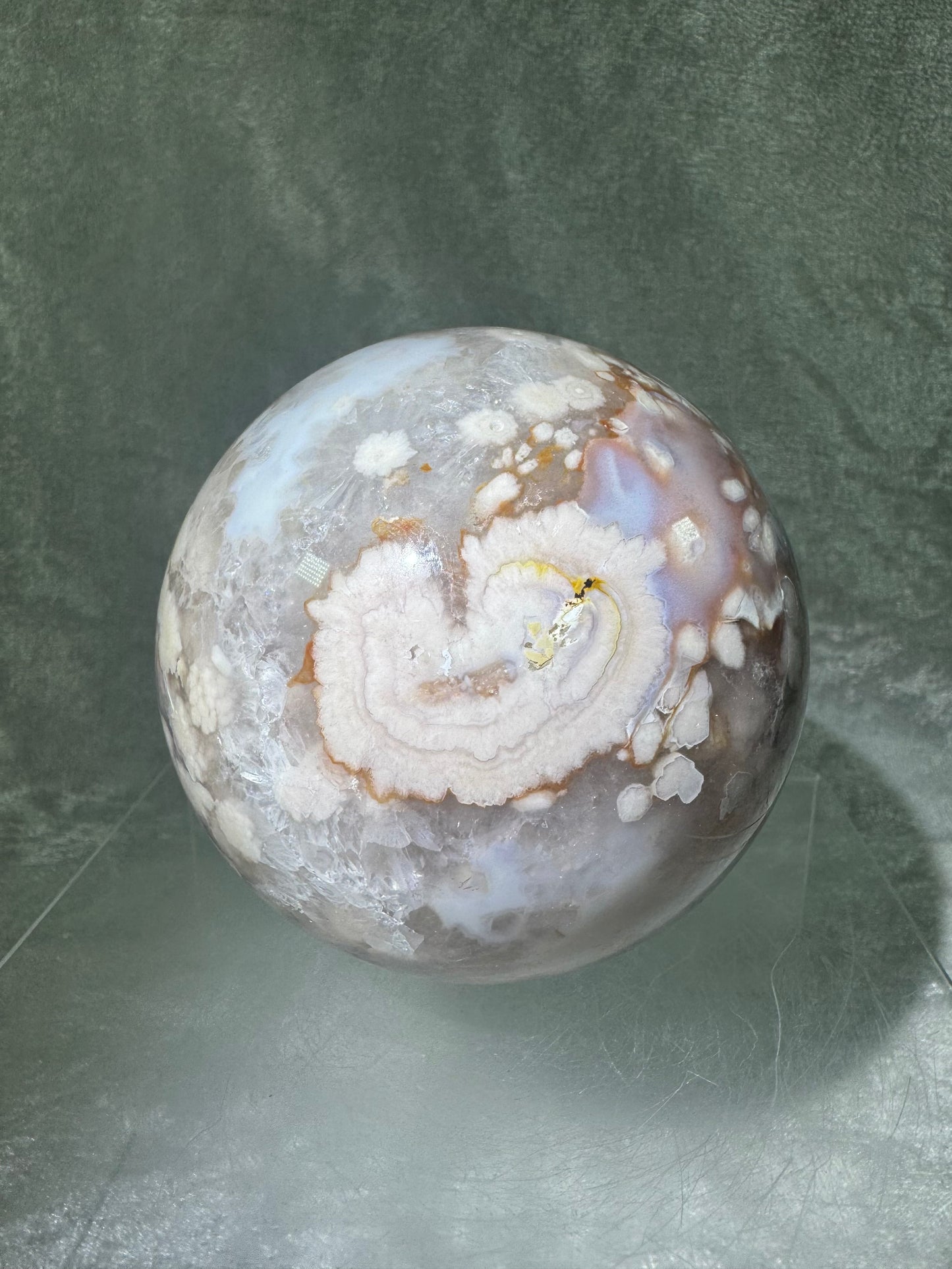 Flower Agate Sphere. 90mm. Beautiful Druzy On This Large Centerpiece. Amazing One Of A Kind Display Sphere.