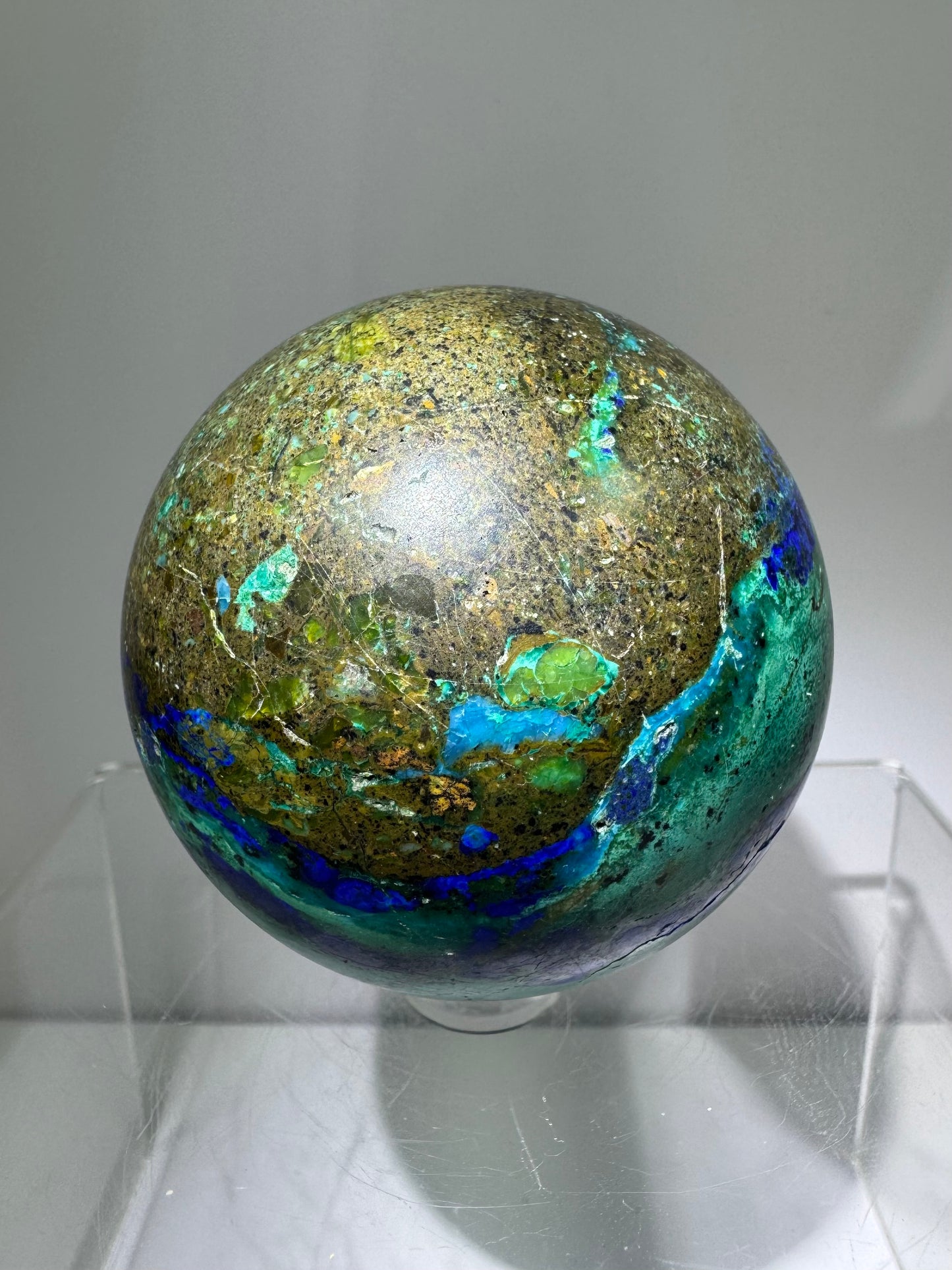 Azurite and Malachite Crystal Sphere. 61mm. Beautiful Deep Colors And Patterns. Stunning Rare Display Piece!
