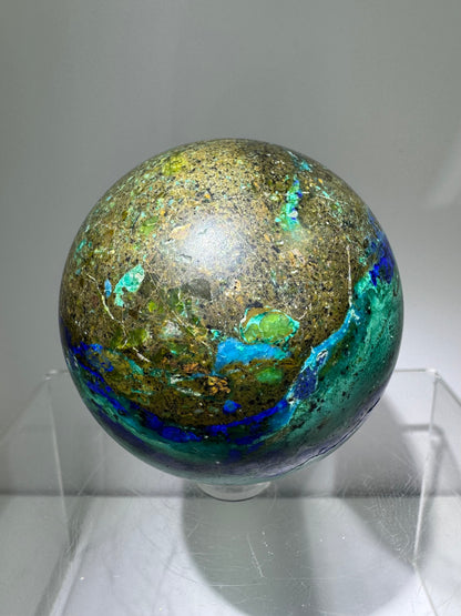 Azurite and Malachite Crystal Sphere. 61mm. Beautiful Deep Colors And Patterns. Stunning Rare Display Piece!