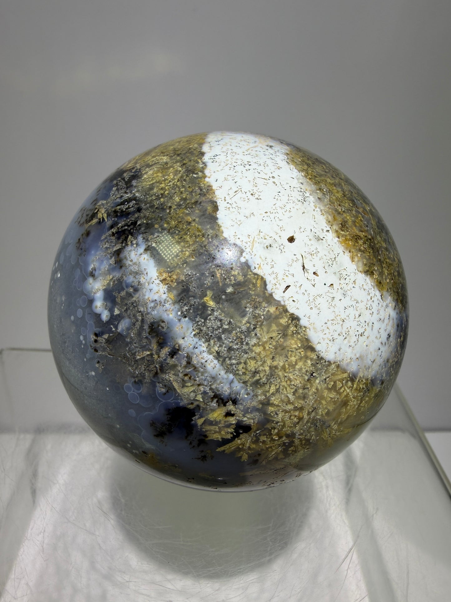 Sagenite Crystal Sphere. 66mm. Incredible Sagenite Plumes With Dendritic Agate. Rare And Unique Crystal Display Sphere