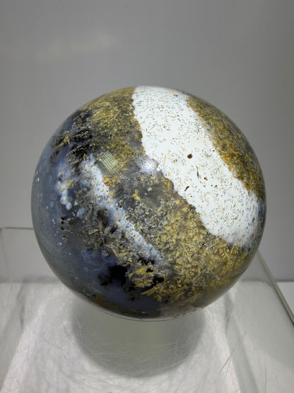 Sagenite Crystal Sphere. 66mm. Incredible Sagenite Plumes With Dendritic Agate. Rare And Unique Crystal Display Sphere