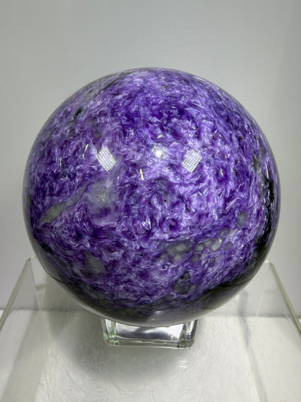 Charoite Crystal Sphere. 79mm. XL High Quality Stunning Crystal. Amazing Patterns And Flash. Gorgeous UV Reaction.