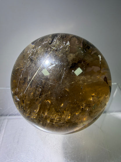 Rutile Quartz Sphere. 47mm. Unique Smoky Quartz With Stunning Golden Rutile Inclusions.