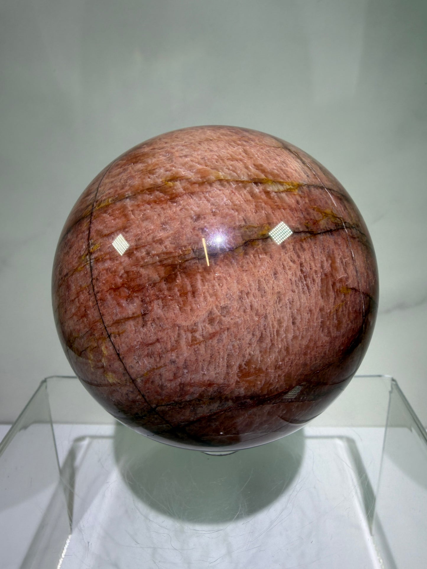 Pink Amazonite Crystal Sphere. 76mm. Stunning Colors And Flash. Gorgeous Rare Display Sphere.