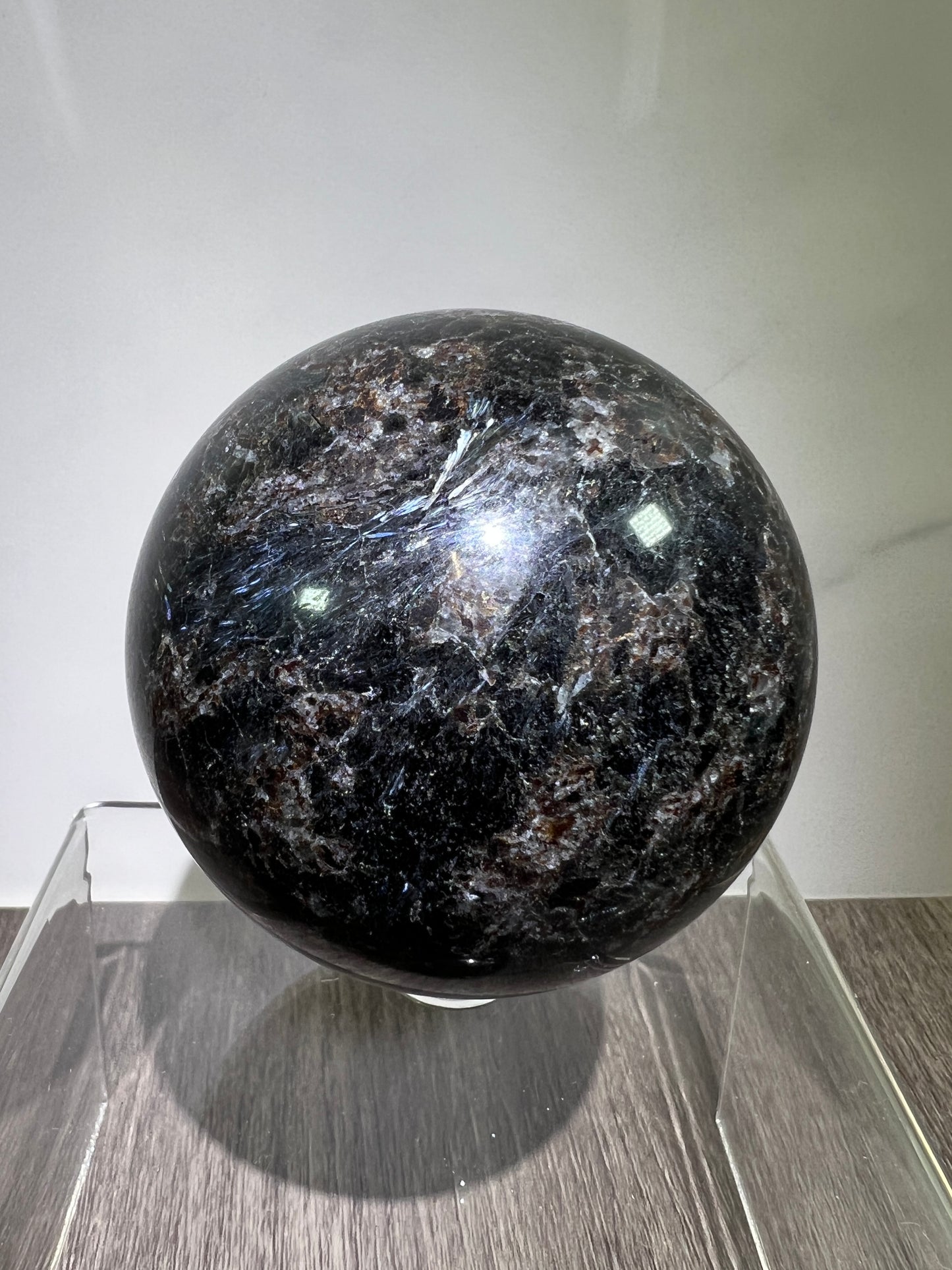 Arfvedsonite Crystal Sphere. 70mm. Flashy Blue Fireworks Jasper Sphere. Large Display Sphere With Great Flash