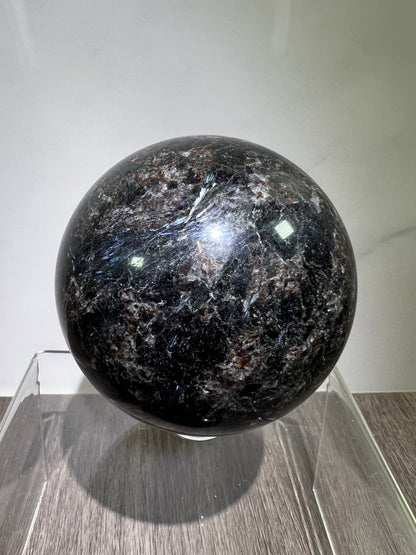 Arfvedsonite Crystal Sphere. 70mm. Flashy Blue Fireworks Jasper Sphere. Large Display Sphere With Great Flash