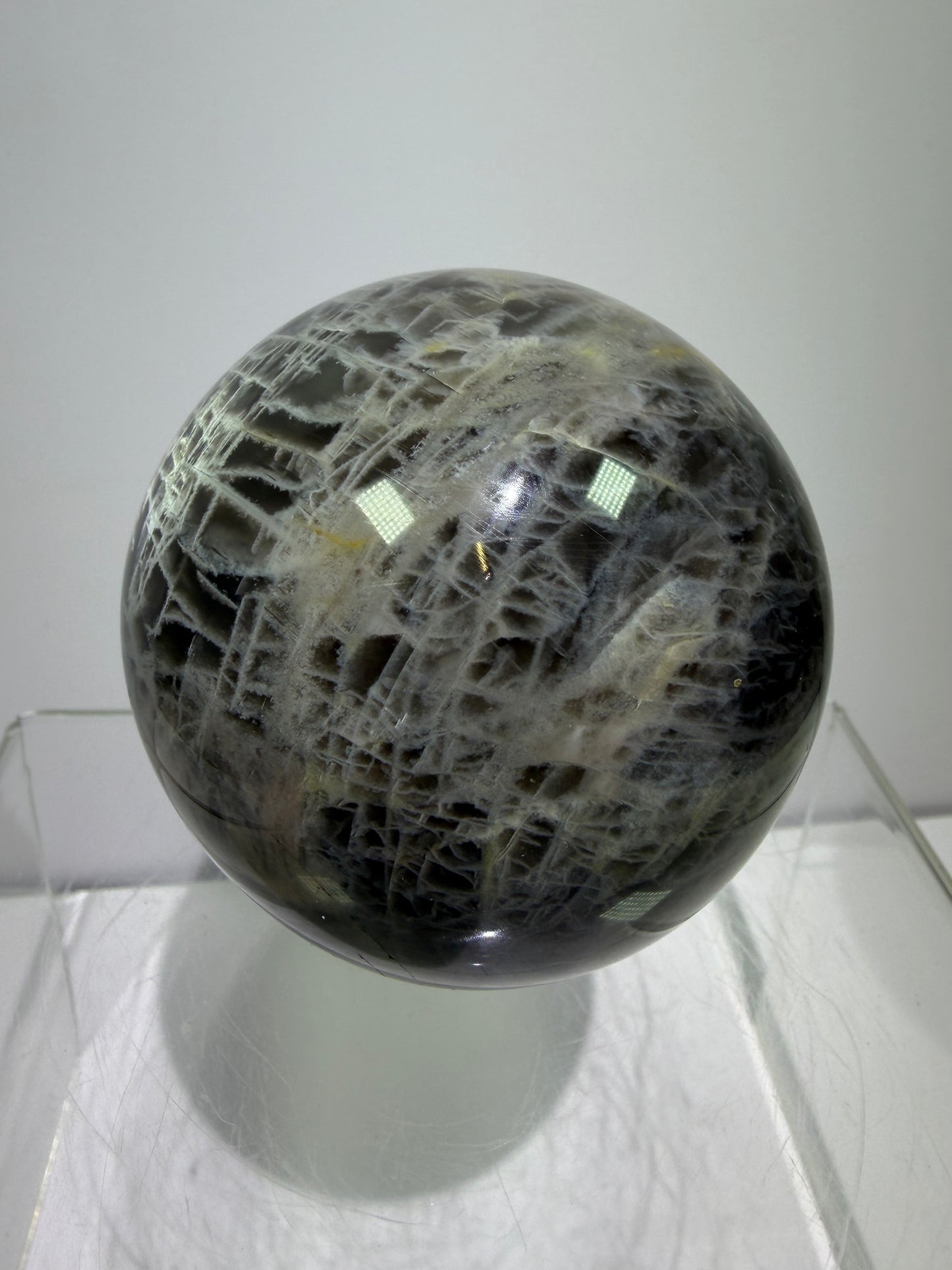 Black Moonstone Crystal Sphere. 66mm. Stunning Bright Silver Flash. High Quality Display Sphere