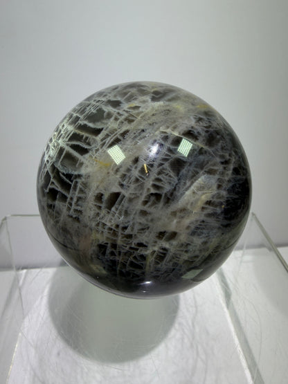 Black Moonstone Crystal Sphere. 66mm. Stunning Bright Silver Flash. High Quality Display Sphere