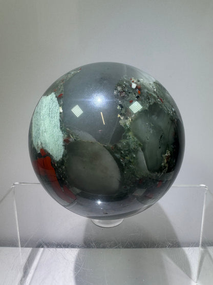 African Bloodstone Sphere From Swaziland. 66mm. Gorgeous Pyrite And Red Jasper Inclusions With Crazy Mosaic Patterns And Colors.