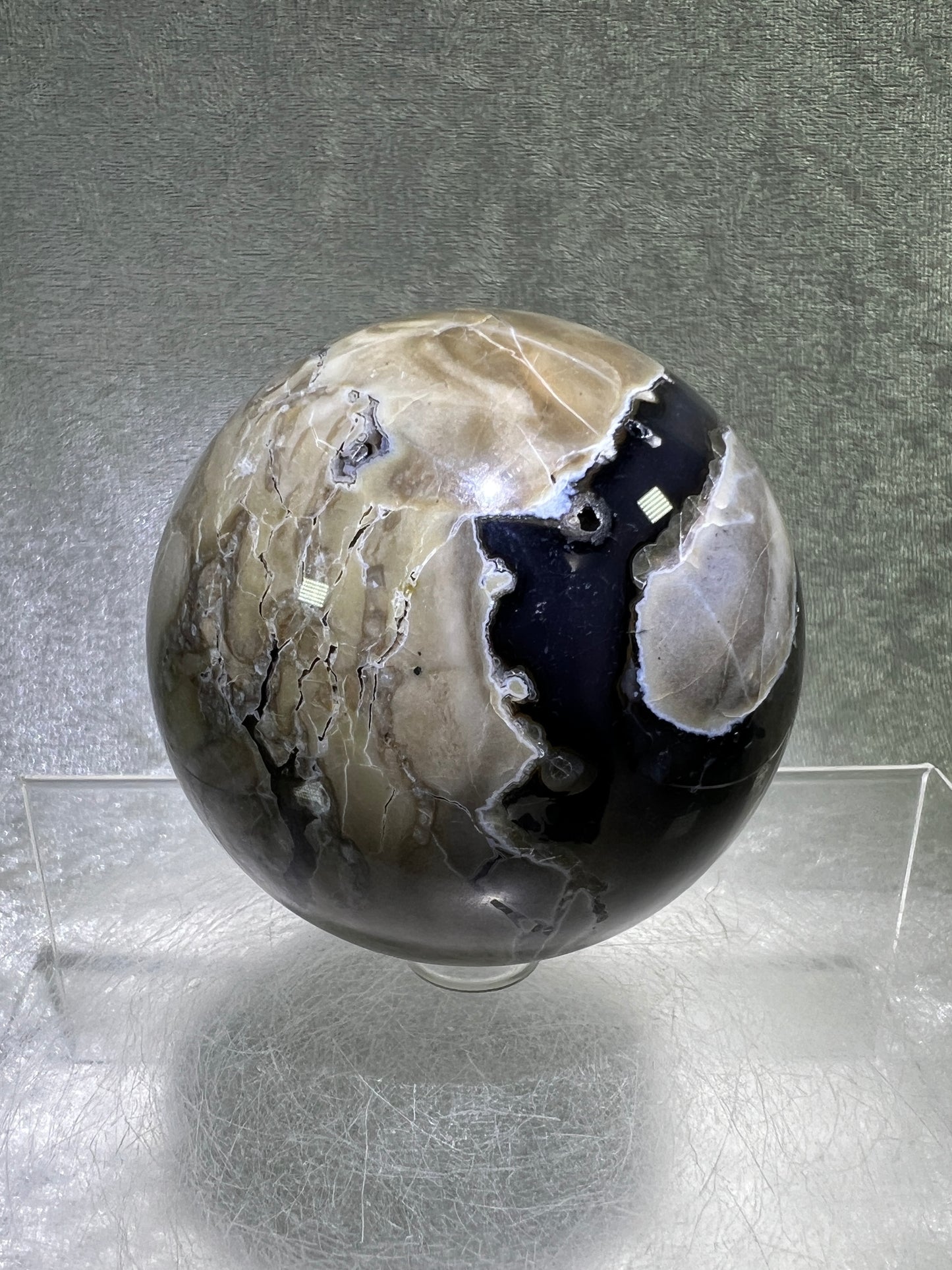 Volcano Agate With Purple Chalcedony Sphere. 68mm. Beautiful Rare Purple And Green UV Reaction. Amazing High Quality Display Sphere.