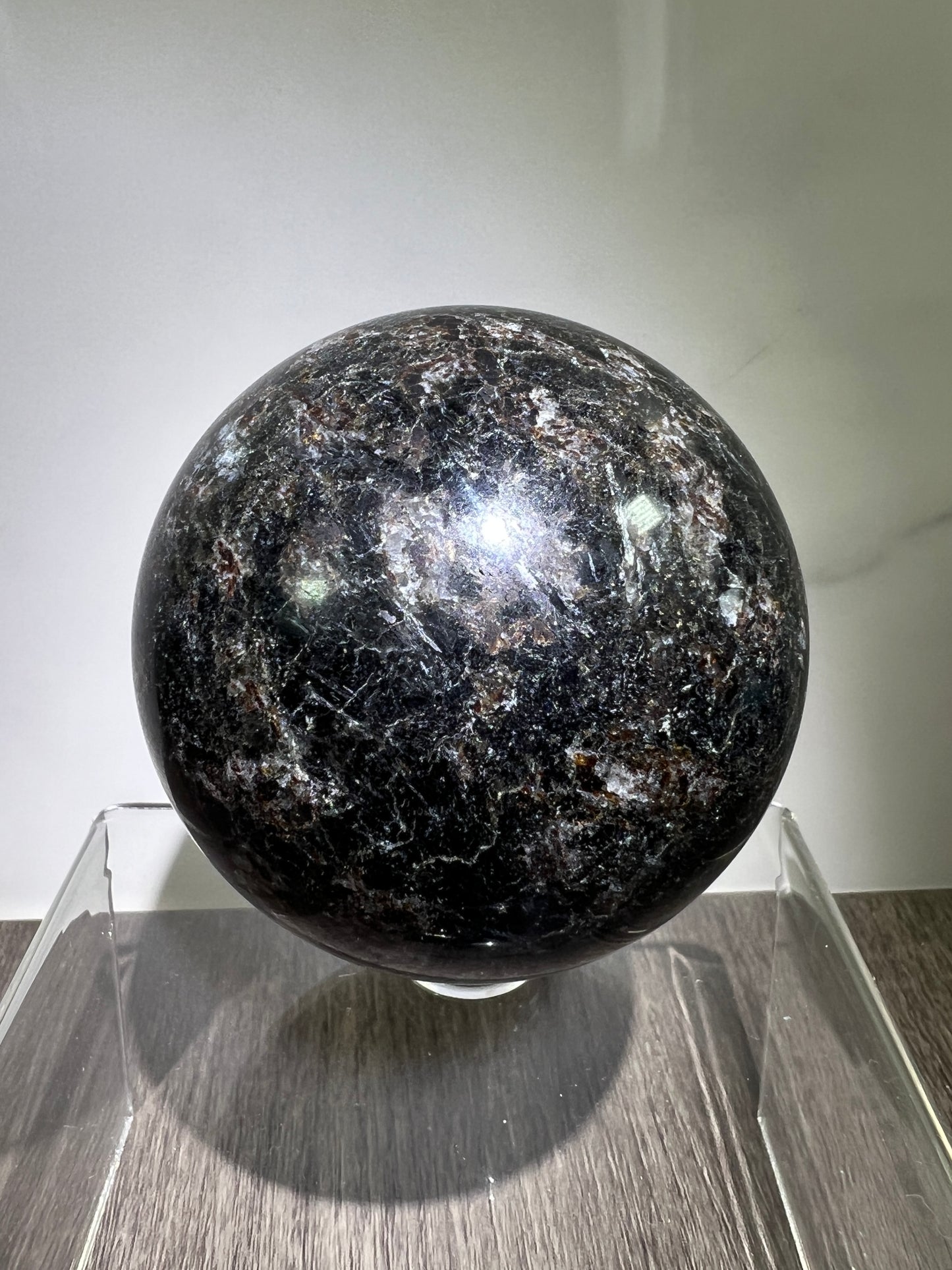 Arfvedsonite Crystal Sphere. 70mm. Flashy Blue Fireworks Jasper Sphere. Large Display Sphere With Great Flash