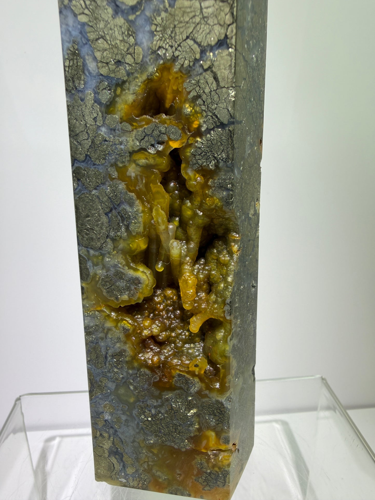 Pyrite And Chalcedony Druzy Tower. 6.75 Inches. Beautiful Display Tower With Stunning Druzy