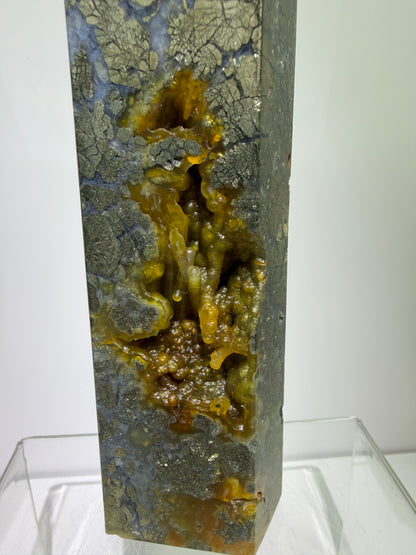 Pyrite And Chalcedony Druzy Tower. 6.75 Inches. Beautiful Display Tower With Stunning Druzy
