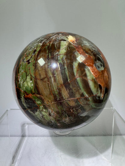 Money Agate Crystal Sphere. 72mm. Very Rare Shades Of Green. Stunning Indonesian Bloodstone. Amazing Colors And Patterns