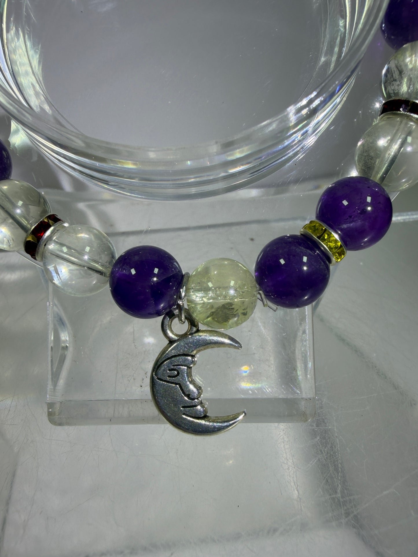 Amethyst And Citrine Crystal Bead Bracelet. 8mm. High Quality Bracelet With Amazing Spacers And Moon Charm.