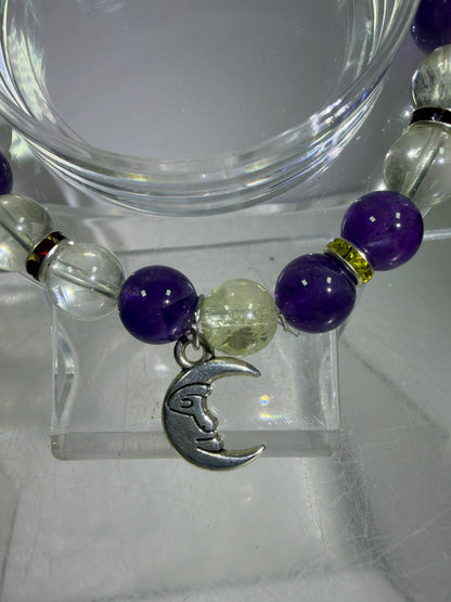 Amethyst And Citrine Crystal Bead Bracelet. 8mm. High Quality Bracelet With Amazing Spacers And Moon Charm.