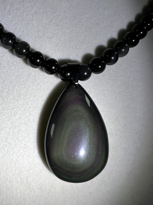 Rainbow Obsidian Pendant. Gorgeous Teardrop Cabochon. Custom Made Beaded Necklace. High Quality Jewelry