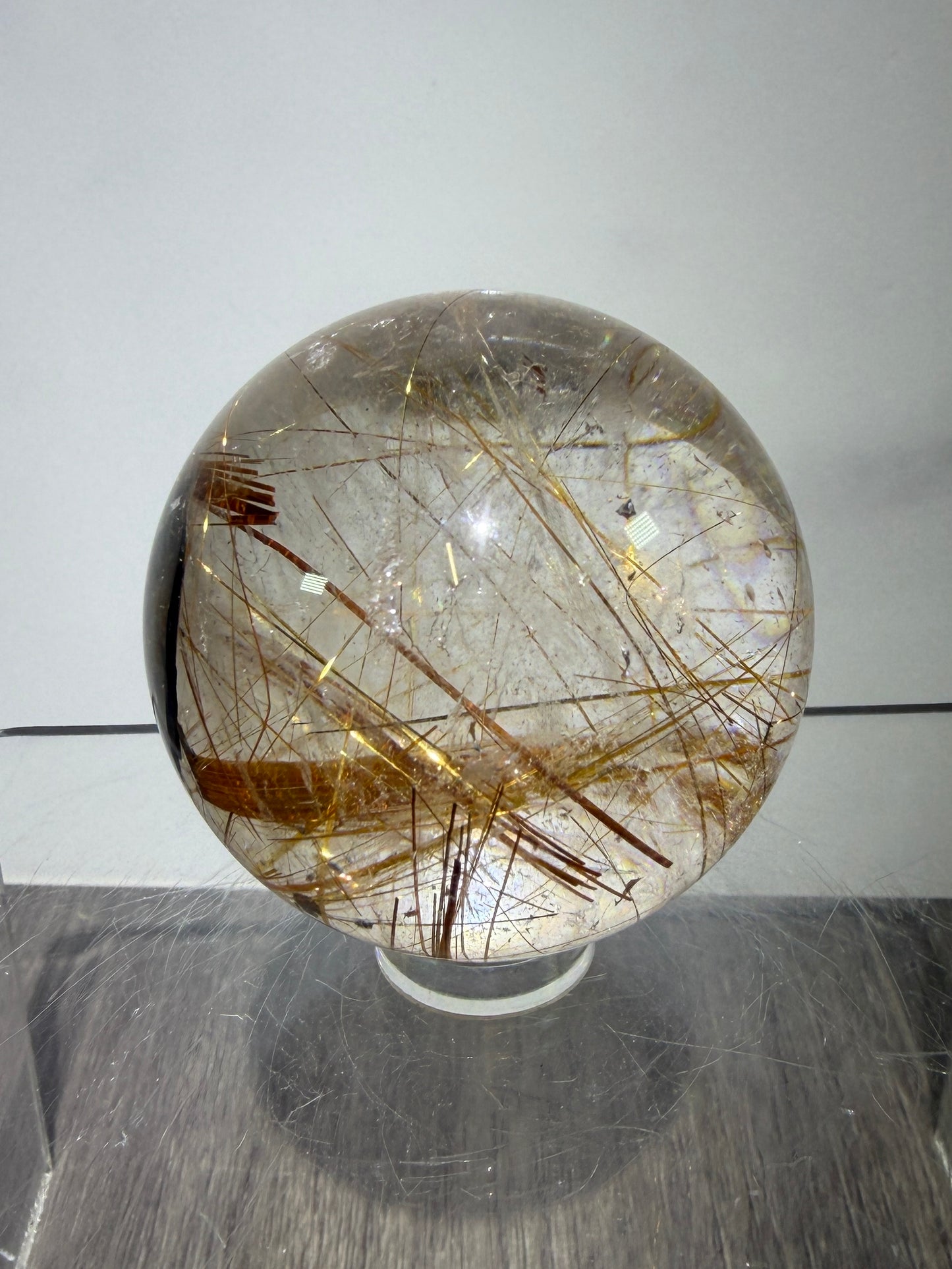 Copper Rutile Quartz Sphere. Stunning Hematite Slab And Rutile Inclusions. Amazing Rare Display Sphere