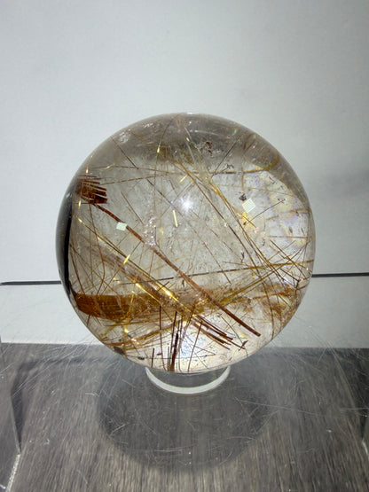 Copper Rutile Quartz Sphere. Stunning Hematite Slab And Rutile Inclusions. Amazing Rare Display Sphere