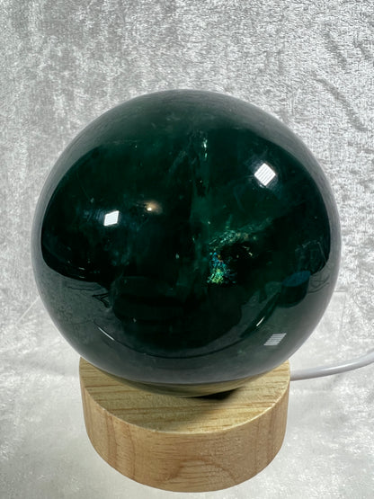 Green Fluorite Sphere. 76mm. Rare Emerald Green Fluorite. Comes With A White Light Stand. Gorgeous High Quality Crystal