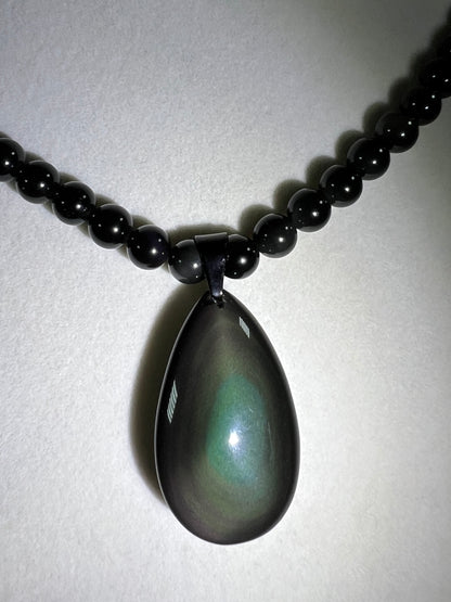 Rainbow Obsidian Pendant. Gorgeous Teardrop Cabochon. Custom Made Beaded Necklace. High Quality Jewelry