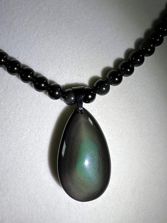 Rainbow Obsidian Pendant. Gorgeous Teardrop Cabochon. Custom Made Beaded Necklace. High Quality Jewelry
