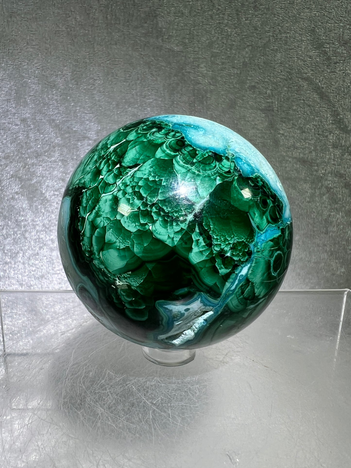 Malachite And Druzy Chrysocolla Sphere. 65mm. Gorgeous Rare Collectors Piece. Amazing Patterns With Vibrant Colors.
