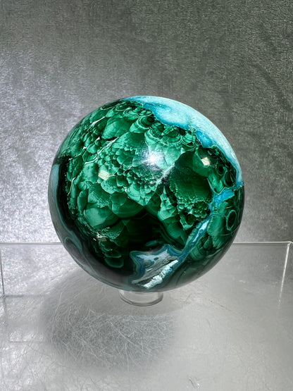 Malachite And Druzy Chrysocolla Sphere. 65mm. Gorgeous Rare Collectors Piece. Amazing Patterns With Vibrant Colors.